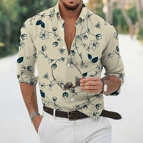 

Men's Casual Shirt Graphic Shirt Graphic Classic Collar Gray Print Vacation Going out Long Sleeve Print Clothing Apparel Designer Casual Retro / Fall / Club / Slim