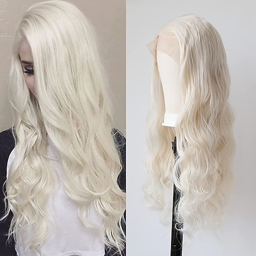 

Long Wavy Platinum Blonde Wig Synthetic Lace Front Wigs for Women #60 Middle Part High Temperature Fiber Hand Tied Natural Hairline Cosplay Daily Wear Wig
