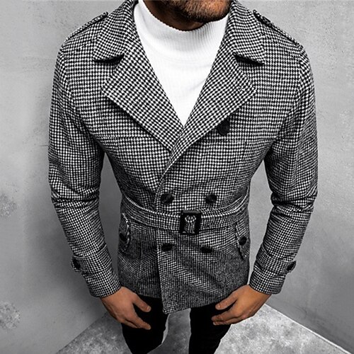 

Men's Winter Coat Peacoat Short Coat Business Casual Winter Fall Polyester Windproof Warm Outerwear Clothing Apparel Stylish Chic & Modern Print Stripes and Plaid Pocket Turndown Double Breasted