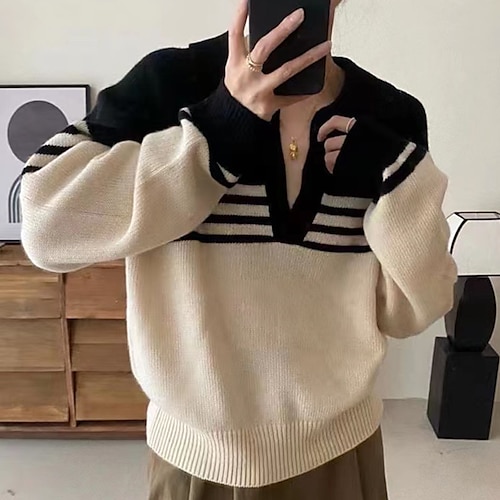 

Women's Pullover Sweater jumper Jumper Ribbed Knit Knitted Striped Shirt Collar Stylish Casual Outdoor Daily Winter Fall White Black One-Size / Long Sleeve / Holiday / Regular Fit / Going out