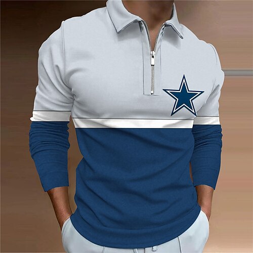 

Men's Collar Polo Shirt Golf Shirt Star Turndown Navy Blue 3D Print Outdoor Street Long Sleeve Zipper Print Clothing Apparel Fashion Designer Casual Breathable