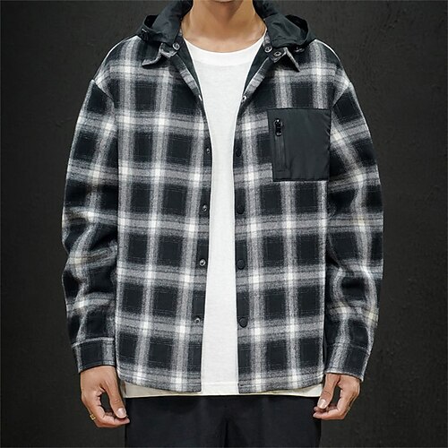 

Men's Shirt Jacket Shacket Shirt Plaid / Check Turndown Hooded Yellow Red Black Street Daily Long Sleeve Button-Down Clothing Apparel Fashion Business Casual Comfortable