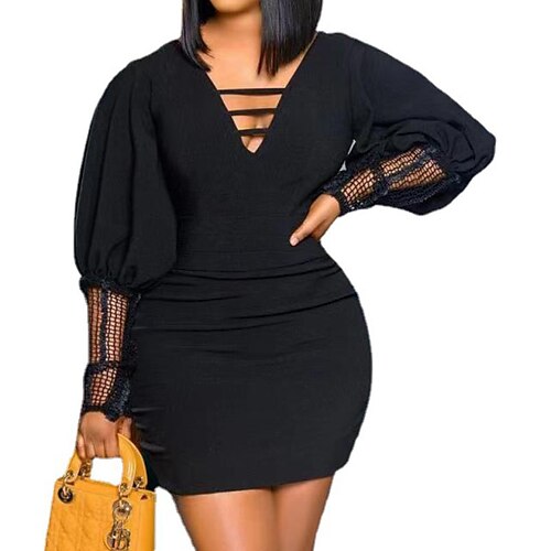 

Women's Bodycon Black Dress Short Mini Dress Black Long Sleeve Pure Color Hollow Out Ruched Fall Winter V Neck Stylish Modern 2022 S M L XL XXL 3XL