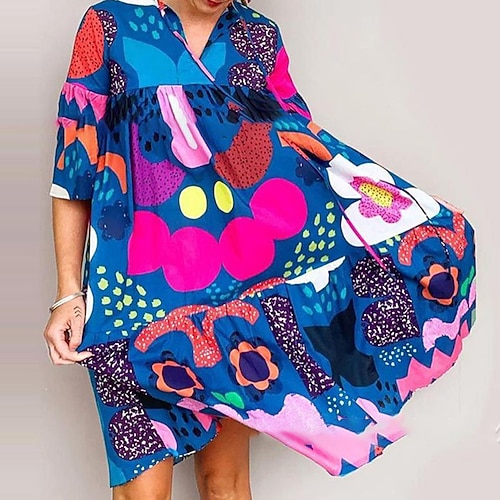 

Women's Casual Dress Swing Dress Midi Dress Blue Half Sleeve Print Fall Spring V Neck Loose Fit 2022 S M L XL 2XL 3XL 4XL 5XL