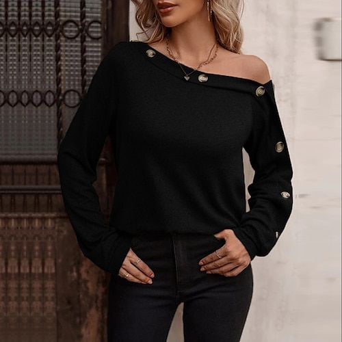 

Women's Blouse Shirt Green Pink Khaki Plain Button Long Sleeve Daily Weekend Streetwear Casual One Shoulder Regular S