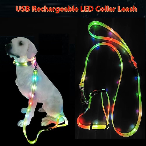 

LED Dog Collar Leash Set USB Rechargeable Webbing With PVC Glowing Pet Leash Light Up 2.5cm Width Pet Collar Leash Set with 3 Light Mode Solid Quick Flash Slow Flash for Nighttime Dog Walking