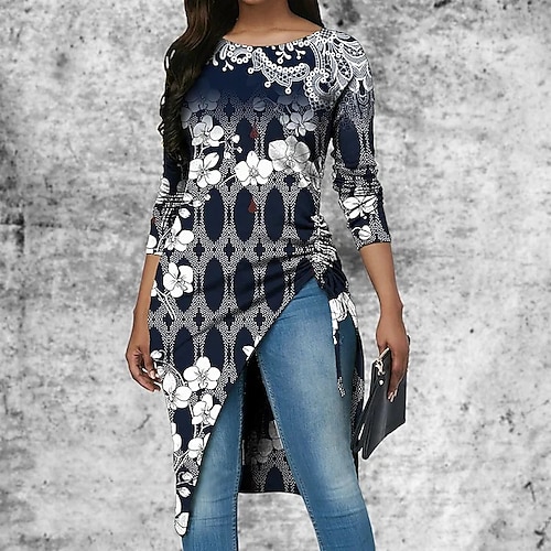 

Women's Blouse Shirt Green Blue Pink Floral Drawstring Print Long Sleeve Holiday Weekend Streetwear Casual Round Neck Long Floral S / 3D Print