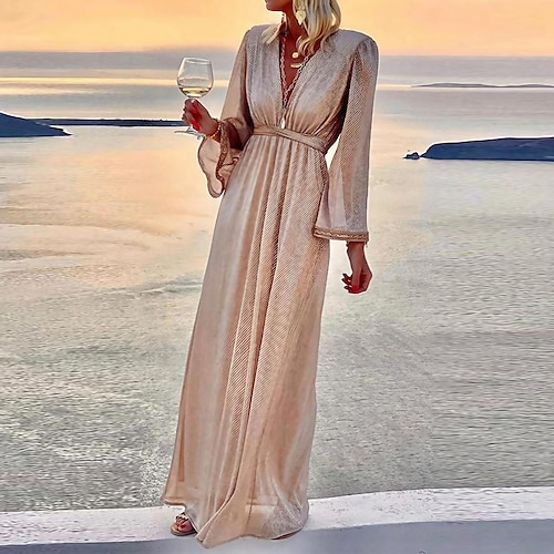 

Women's Party Dress Sequin Dress Holiday Dress Long Dress Maxi Dress Magenta Pink Blue Long Sleeve Pure Color Shimmer Spring Fall Winter V Neck Fashion Party Winter Dress Birthday Slim 2023 S M L XL
