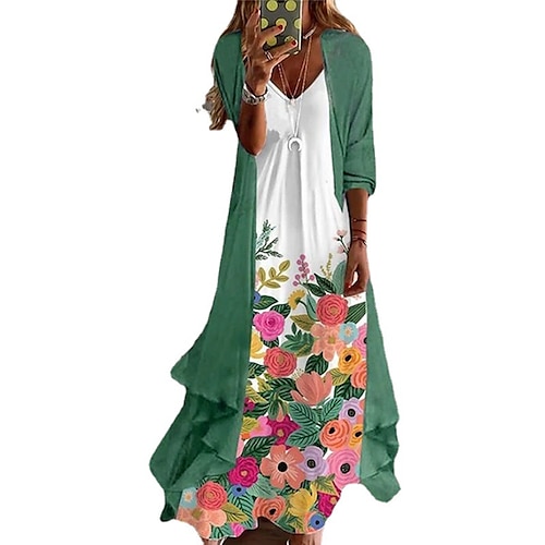

Women's Dress Set Two Piece Dress Midi Dress Green Long Sleeve Floral Print Fall Winter V Neck Casual 2022 S M L XL XXL 3XL 4XL 5XL