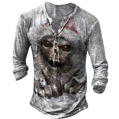 

Men's T shirt Tee Henley Shirt Tee Graphic Skull Henley Gray Long Sleeve 3D Print Plus Size Outdoor Daily Button-Down Print Tops Basic Designer Classic Comfortable / Sports