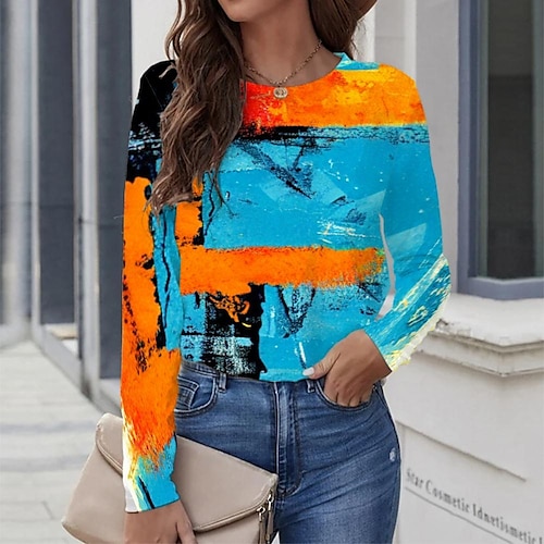 

Women's T shirt Tee Blue Graphic Graffiti Print Long Sleeve Casual Daily Vintage Round Neck Regular Painting S / 3D Print