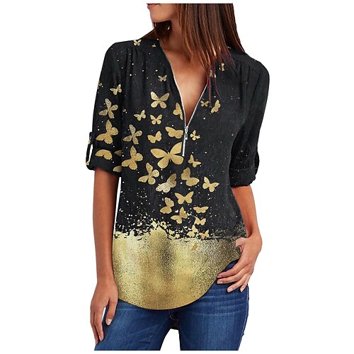 

Women's Shirt Green Blue Black Butterfly Quarter Zip Print Long Sleeve Casual Weekend Streetwear V Neck Regular Butterfly S / 3D Print