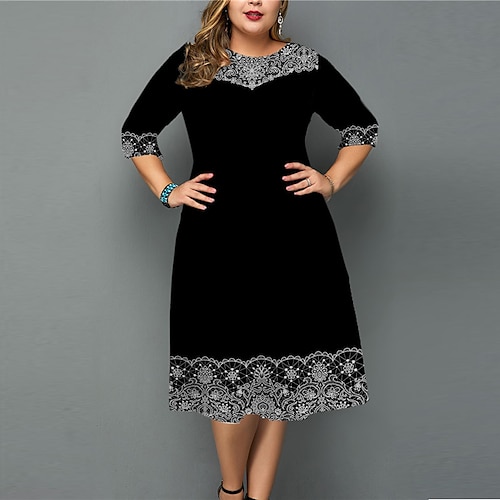 

Women's Plus Size Work Dress Floral Crew Neck 3/4 Length Sleeve Fall Winter Work Elegant Knee Length Dress Going out Work Dress