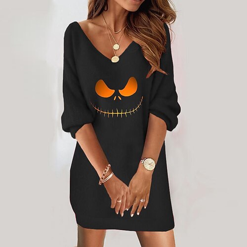 

Women's Sweatshirt Dress Shift Dress Short Mini Dress Black 3/4 Length Sleeve Pumpkin Print Fall Winter V Neck Vacation Casual Halloween 2022 S M L XL XXL 3XL