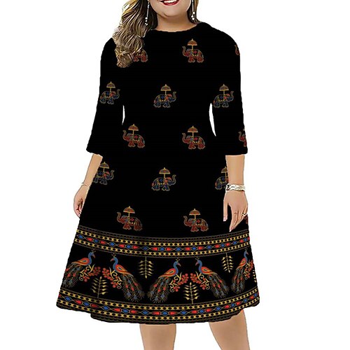 

Women's Plus Size Casual Dress Floral Crew Neck Print 3/4 Length Sleeve Winter Fall Vintage Stylish Work Casual Midi Dress Vacation Going out Dress