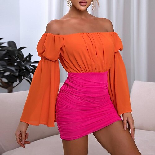 

Women's Bodycon Sheath Dress Short Mini Dress Orange Long Sleeve Color Block Ruched Cold Shoulder Fall Winter Off Shoulder Stylish African Flare Cuff Sleeve 2022 XS S M L