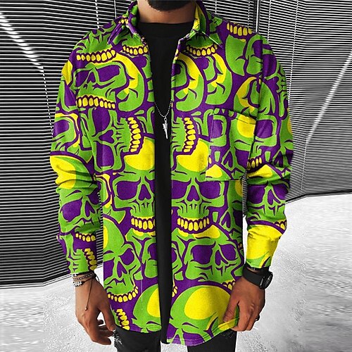 

Men's Coat With Pockets Daily Wear Vacation Going out Single Breasted Turndown Streetwear Sport Casual Jacket Outerwear Plaid Gradual Skulls Button Front Pocket Print Green Blue Yellow / Long Sleeve