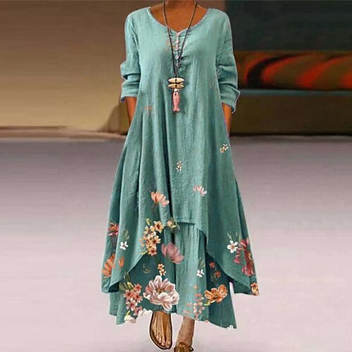 

Women's Casual Dress Maxi long Dress Green Long Sleeve Floral Pocket Fake two piece Print Fall Winter V Neck Casual Mature 2022 S M L XL XXL 3XL 4XL 5XL