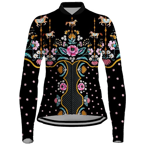 

21Grams Women's Cycling Jersey Long Sleeve Bike Jersey Top with 3 Rear Pockets Mountain Bike MTB Road Bike Cycling Breathable Quick Dry Moisture Wicking Reflective Strips Black Floral Botanical