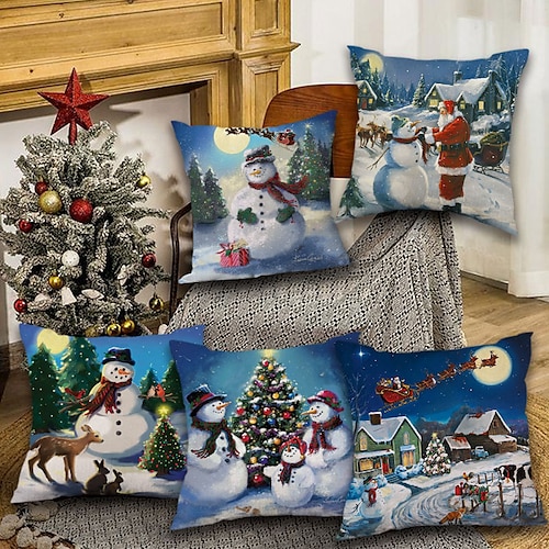 

Christmas Party Double Side Throw Pillow Cover 5PC Snowman Noel Soft Decorative Square Cushion Case Pillowcase for Bedroom Livingroom Sofa Couch Chair Machine Washable