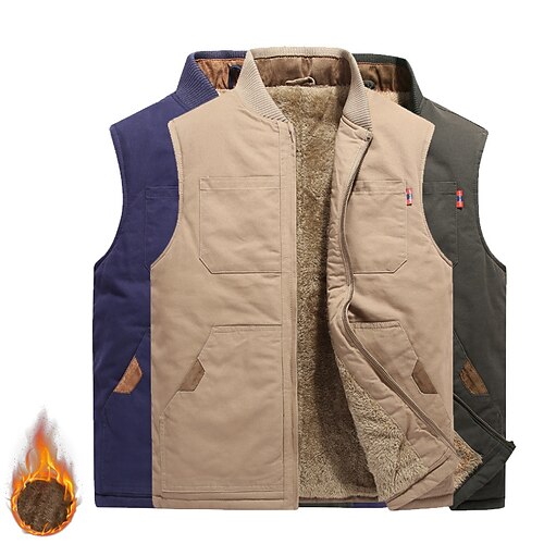 

Men's Hiking Vest Sleeveless Top Outdoor Thermal Warm Windproof Breathable Soft Winter Cotton Blend Khaki Dark Blue Hunting Fishing Climbing