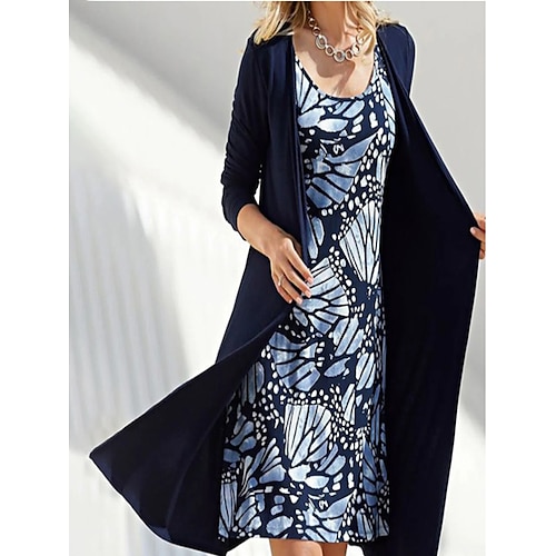 

Women's Casual Dress Dress Set Knee Length Dress Dark Blue Long Sleeve Floral Print Fall Winter Crew Neck Fashion Casual Modern 2022 S M L XL XXL / Cotton