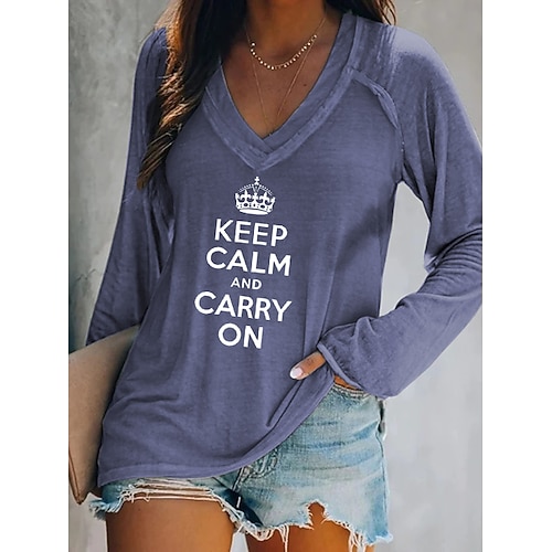 

Women's T shirt Tee Khaki Dark Gray Navy Blue Text Print Long Sleeve Casual Weekend Basic V Neck Regular S