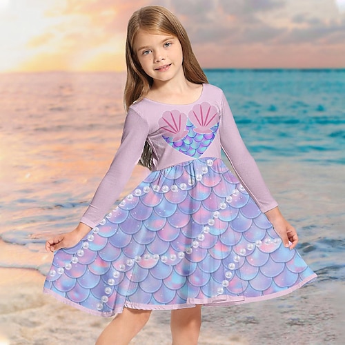 

Kids Little Girls' Dress Mermaid A Line Dress Daily Vacation Print Purple Above Knee Long Sleeve Cute Sweet Dresses Fall Winter Regular Fit 3-10 Years