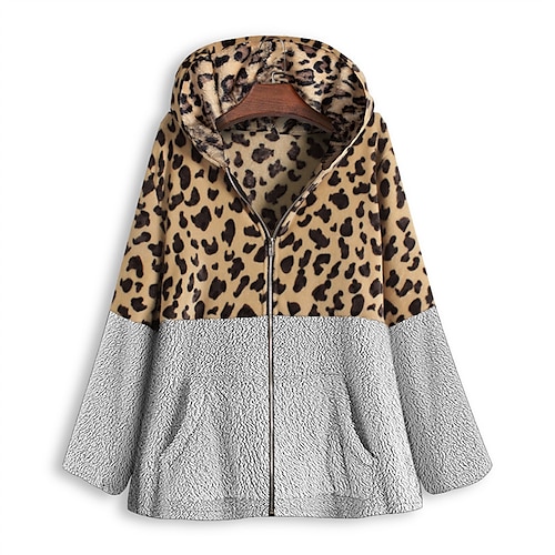 

Women's Teddy Coat Warm Breathable Outdoor Holiday Vacation Going out Patchwork Zipper Pocket Zipper Hoodie Active Casual Street Style Leopard Regular Fit Outerwear Long Sleeve Winter Fall Army Green