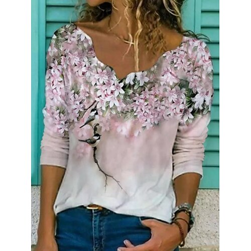 

Mulheres Camiseta Rosa Floral Borboleta Imprimir Manga Longa Casual Final de semana Básico Decote V Padrão Tema Flores Borboleta Pintura S