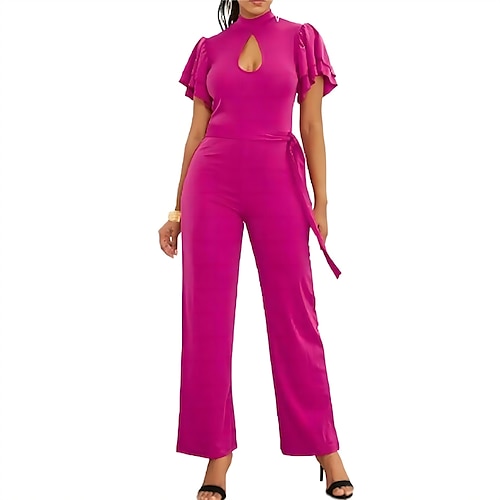 

Women's Jumpsuit Lace up Ruffle Solid Color Round Neck Streetwear Street Daily Regular Fit Short Sleeve Yellow Fuchsia Black S M L Winter / Cut Out