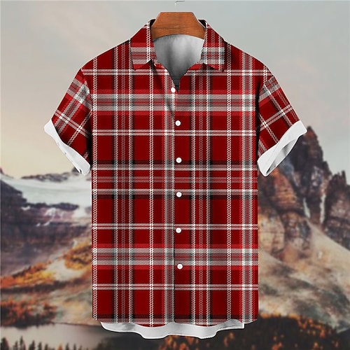 

Men's Shirt Plaid Turndown Red Gray 3D Print Christmas Street Short Sleeves Button-Down Print Clothing Apparel Fashion Designer Casual Breathable / Summer / Spring / Summer