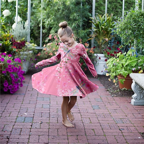 

Kids Little Girls' Dress Floral Animal A Line Dress Daily Holiday Vacation Print Pink Above Knee Long Sleeve Casual Cute Sweet Dresses Fall Winter Regular Fit 3-10 Years