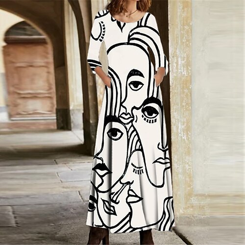 

Women's Casual Dress A Line Dress Maxi long Dress Beige Long Sleeve Abstract Pocket Print Fall Winter V Neck Casual Vacation 2022 S M L XL XXL 3XL