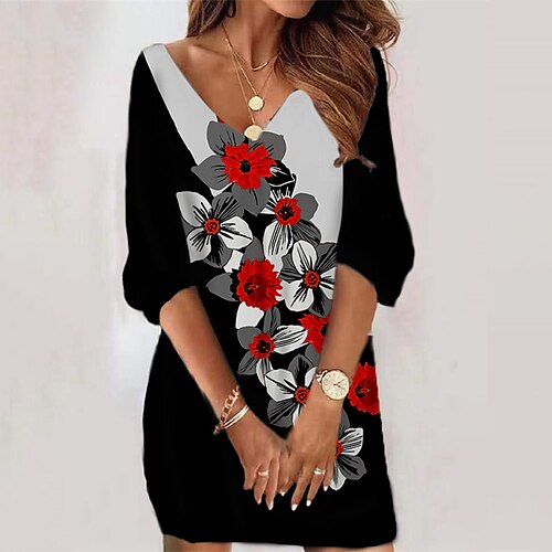 

Women's Casual Dress Bodycon Sheath Dress Mini Dress Black Red Gray 3/4 Length Sleeve Floral Print Winter Fall V Neck Loose Fit 2022 S M L XL XXL 3XL