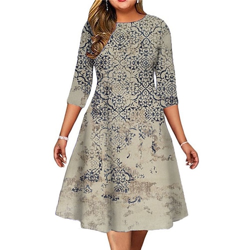 

Women's Plus Size Work Dress Floral Round Neck Print 3/4 Length Sleeve Fall Winter Stylish Work Midi Dress Vacation Going out Dress
