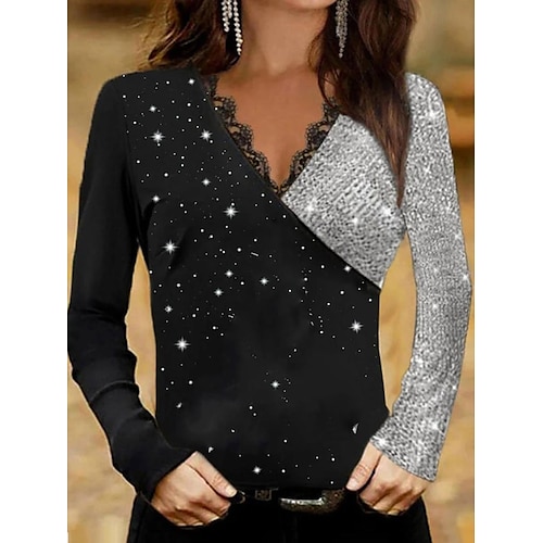 

Women's T shirt Tee Black Galaxy Color Block Lace Trims Print Long Sleeve Casual Weekend Basic V Neck Regular Painting S / 3D Print