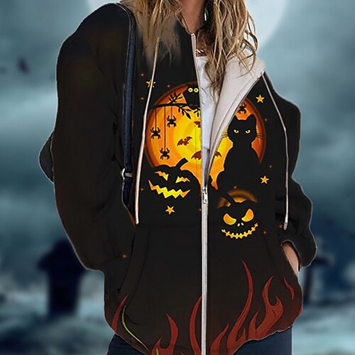

Women's Hoodie Jacket Warm Breathable Outdoor Halloween Daily Wear Going out Zipper Pocket Print Zipper Hoodie Vintage Sports Comfortable Street Style Cat Regular Fit Outerwear Long Sleeve Winter Fall
