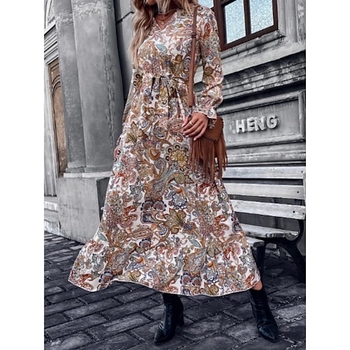 

Women's A Line Dress Swing Dress Maxi long Dress Light Brown Long Sleeve Print Lace up Print Fall Winter V Neck Vacation Fashion Flare Cuff Sleeve 2022 S M L XL