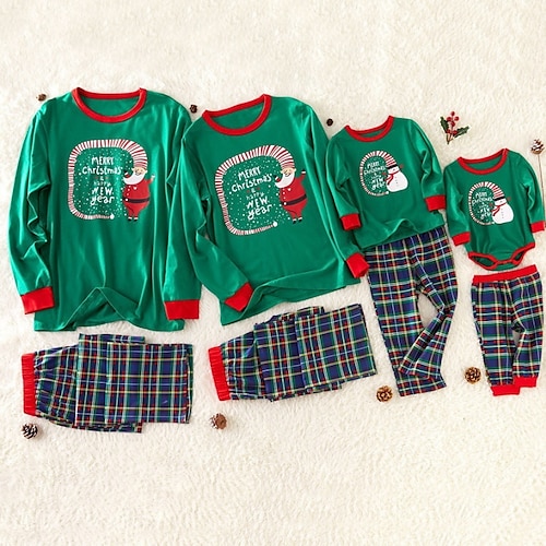 

Christmas Pajamas Family Set Ugly Plaid Snowman Home Green Long Sleeve Mom Dad and Me Daily Matching Outfits