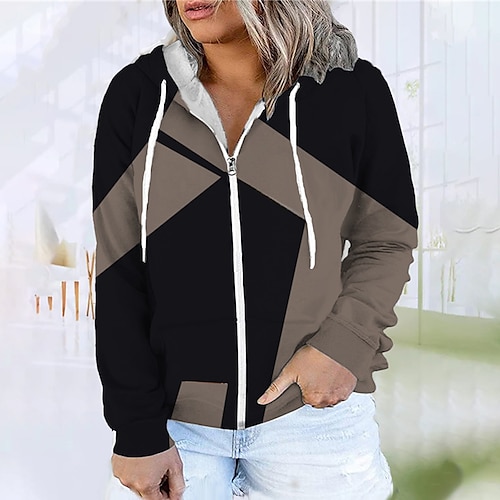 

Women's Plus Size Tops Hoodie Sweatshirt Geometry Zipper Print Long Sleeve Hooded Streetwear Daily Vacation Polyester Fall Winter Black / 3D Print