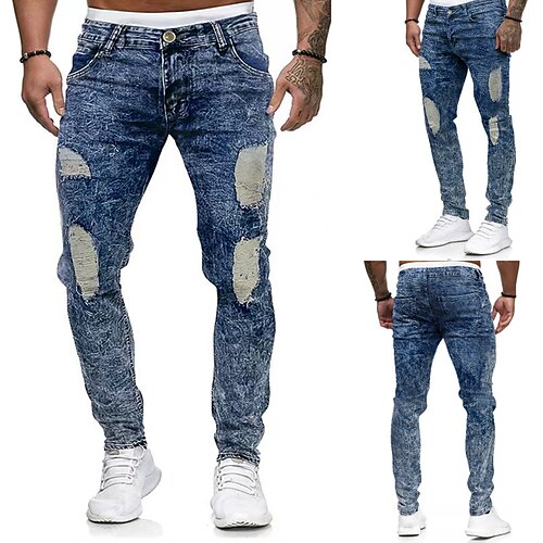 

Men's Jeans Trousers Denim ripped pencil Pants Stylish Sporty Casual Sporty Streetwear Comfort Daily Sports Pants Solid Color Full Length Light Blue