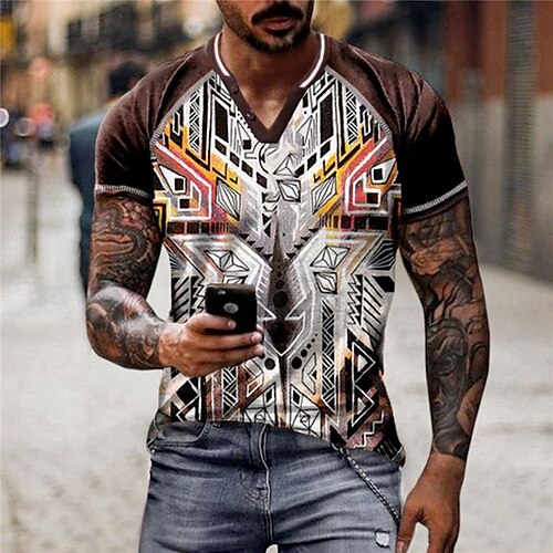 

Men's Unisex T shirt Tee Graphic Prints V Neck Brown Short Sleeve 3D Print Outdoor Street Button-Down Print Tops Sports Designer Casual Big and Tall / Summer / Summer