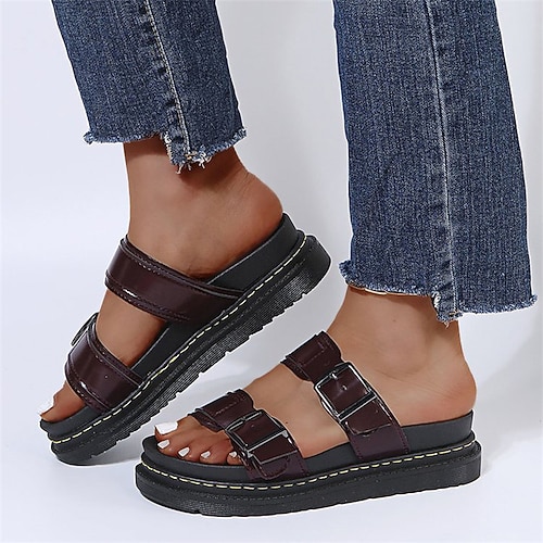 

Women's Slippers Daily Beach Slippers Platform Slippers Summer Buckle Platform Open Toe Casual PU Leather Loafer Solid Colored Black Red White