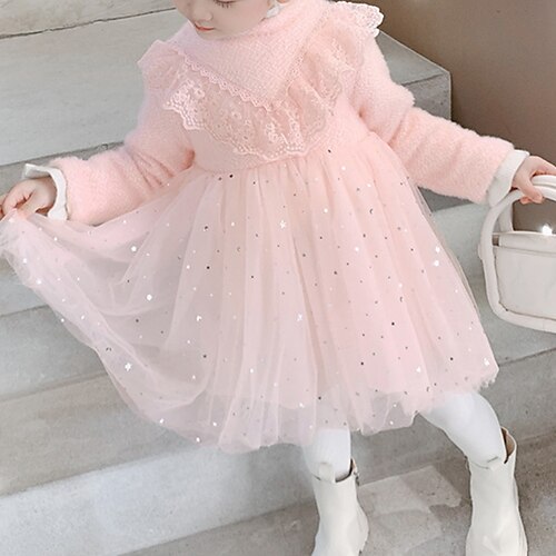 

Kids Little Girls' Dress Sequin Solid Colored A Line Dress Party Vacation Pink Light Green Midi Long Sleeve Princess Sweet Dresses Fall Winter Regular Fit 2-6 Years