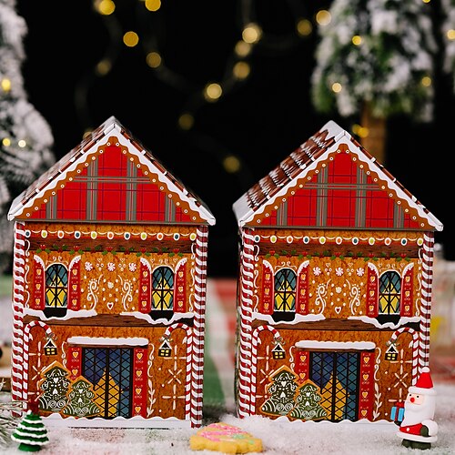 

Christmas Decorations Plaid Cartoon Printed House Tinplate Box Children's Gift Box