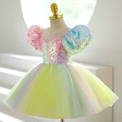 

Christmas Birthday Princess Flower Girl Dresses Jewel Neck Short / Mini Tulle Sequined with Lace Paillette Rainbow Unicorn Cute Girls' Party Dress Fit 3-16 Years