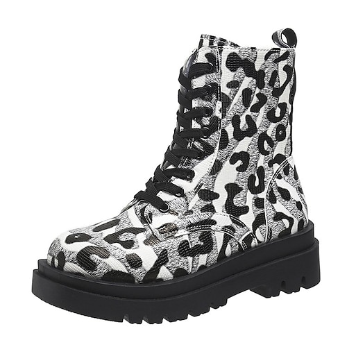 

Women's Boots Daily Combat Boots Plus Size Booties Ankle Boots Winter Chunky Heel Round Toe Casual PU Leather Lace-up Black White