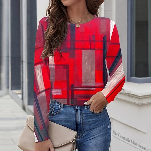 

Women's T shirt Tee Red Graphic Geometric Print Long Sleeve Casual Daily Vintage Round Neck Regular Geometric Painting S / 3D Print