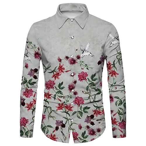 

Men's Shirt Graphic Shirt Floral Turndown Gray 3D Print Outdoor Street Long Sleeve Button-Down Print Clothing Apparel Fashion Designer Casual Breathable